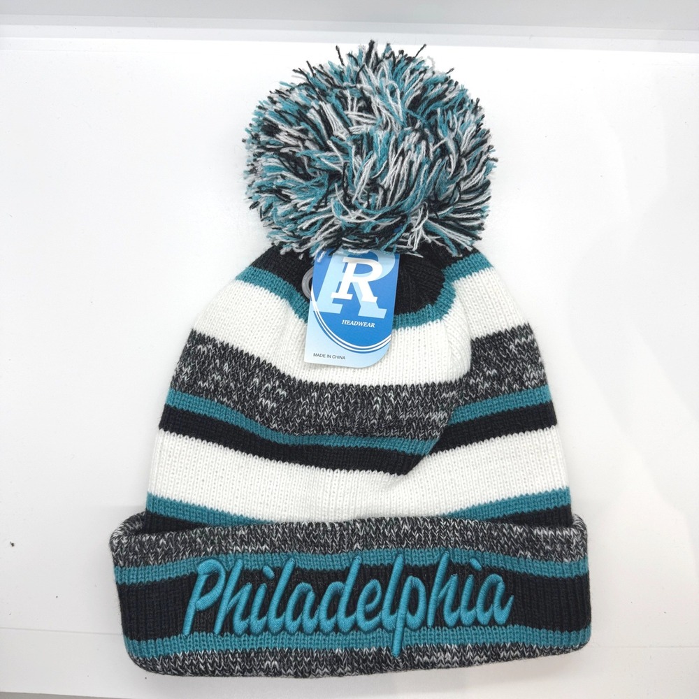 Philadelphia Striped Knit Beanie Pom Pom Cuffed Winter Hat Teal Black White New